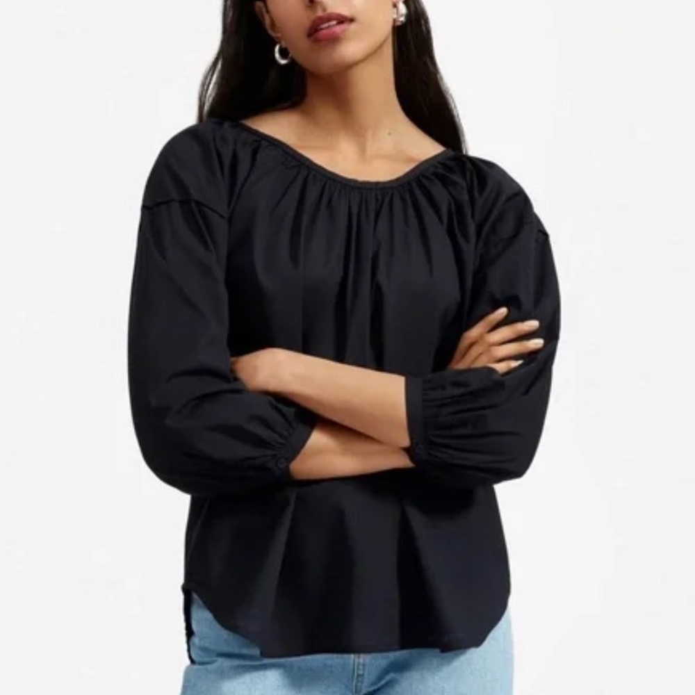 Everlane cotton Elegant Black Puff Sleeve peasant Blouse